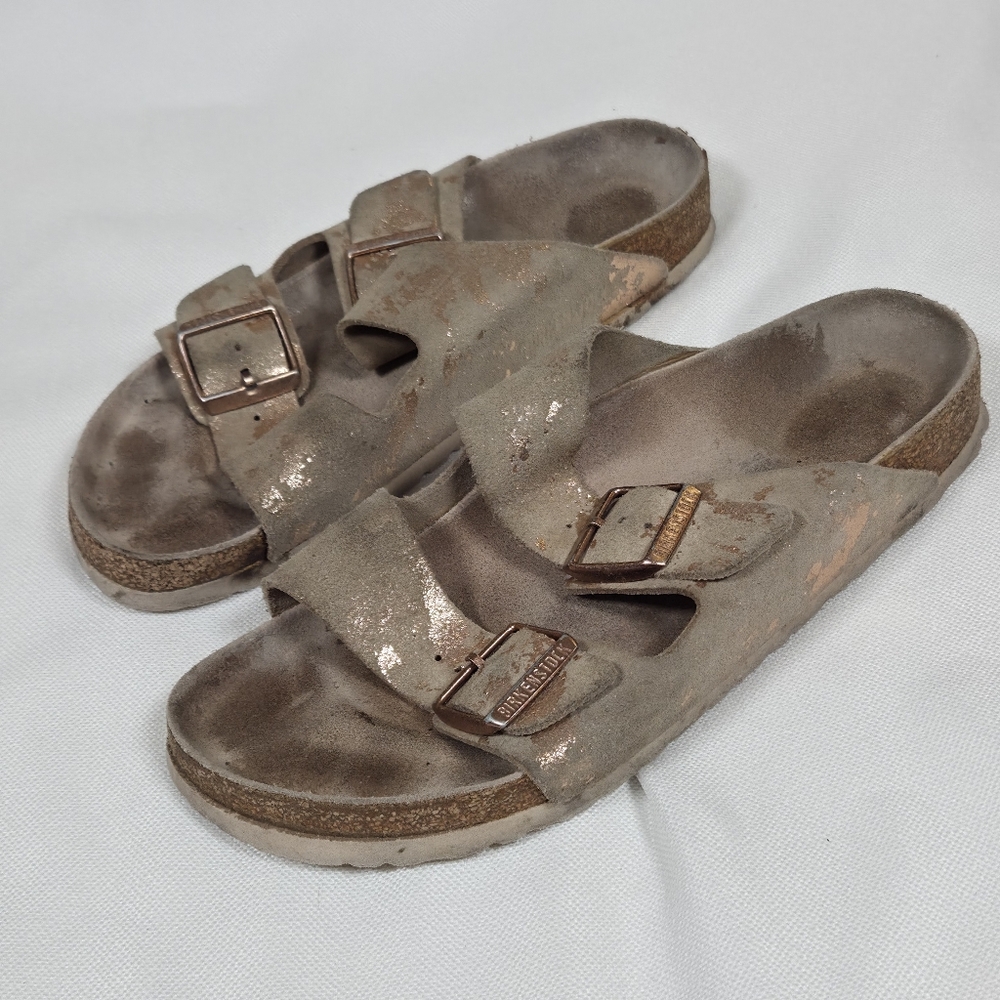 Birkenstock Arizona khaki with copper Splashes Big Buckle Sandals Sz 9-9,5